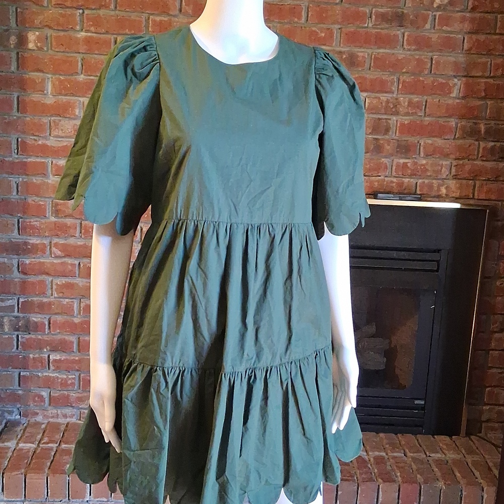 English Factory Olive Green Tiered Dress with Puff Sleeves